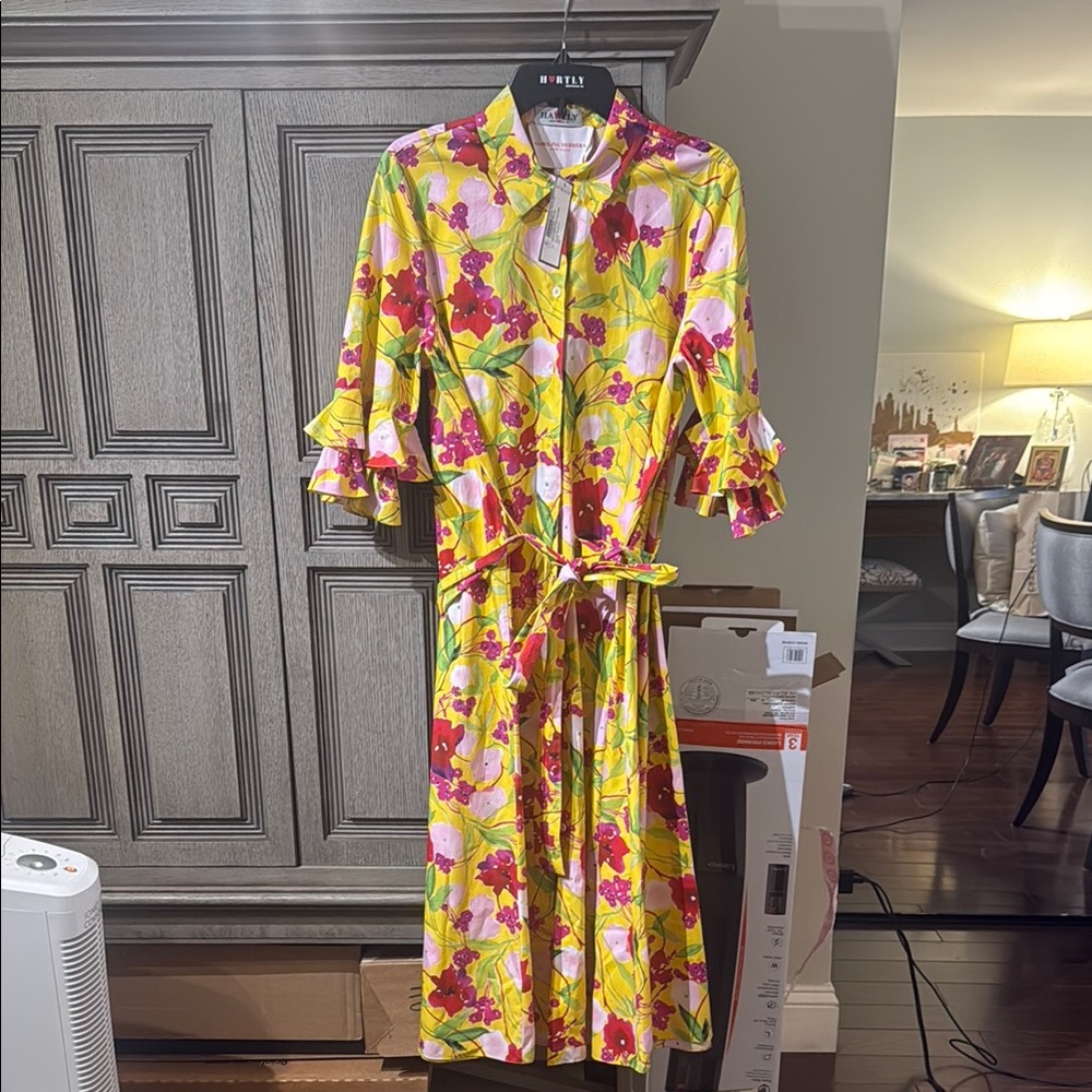 Carolina Herrera Floral Yellow Dress with Pink Accents